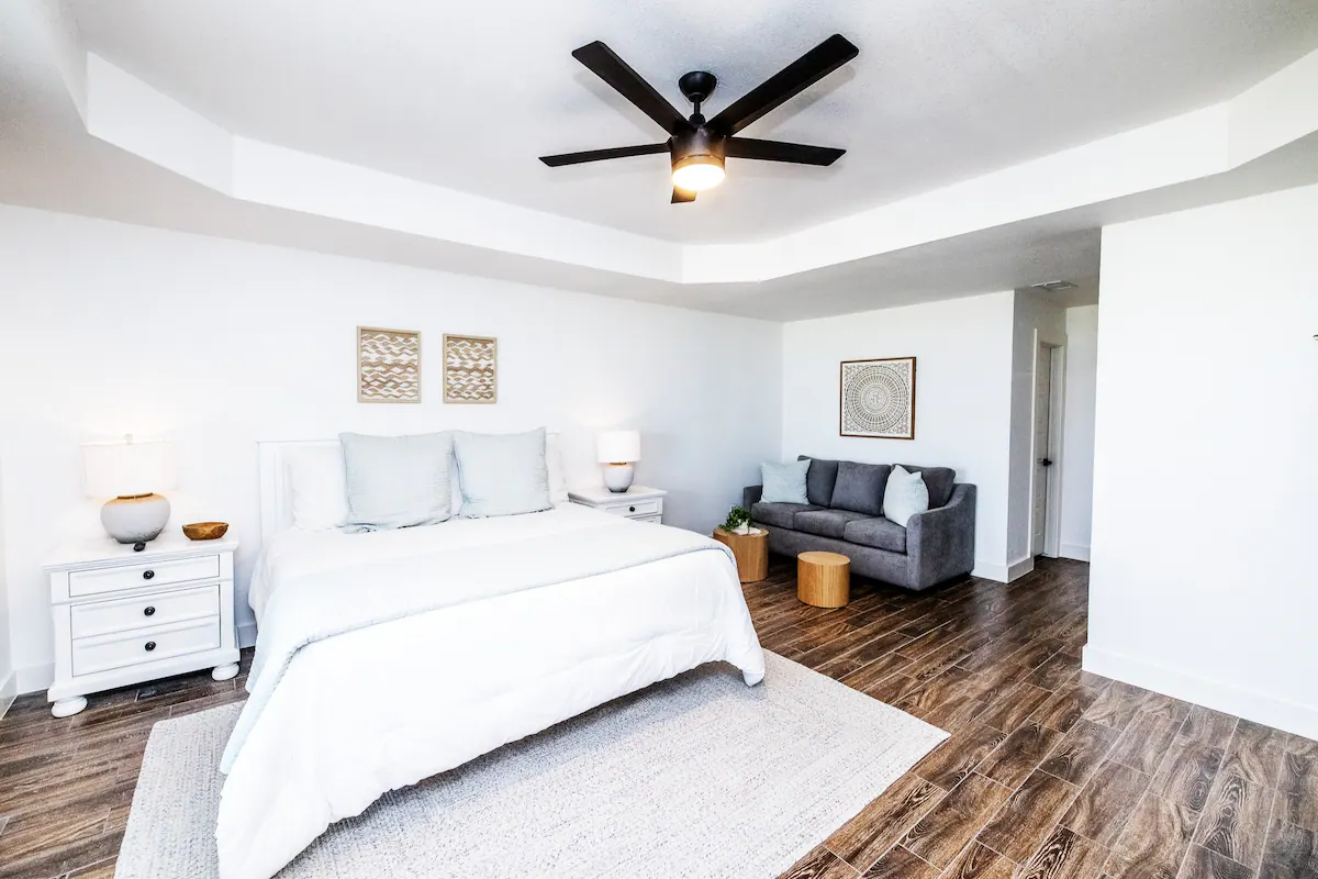 Sandy Shores Oasis huge bedroom with vaulted ceilings and comfy couch